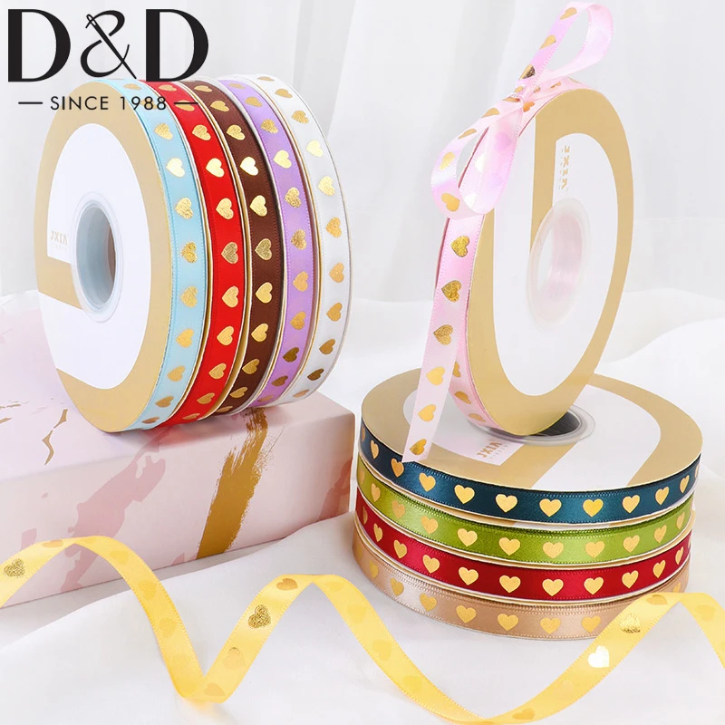 25Yards Love Ribbons Gold Foil Printed Satin Ribbons Birthday Wedding Gifts Box Packaging Party Home Decor Handmade DIY Craft