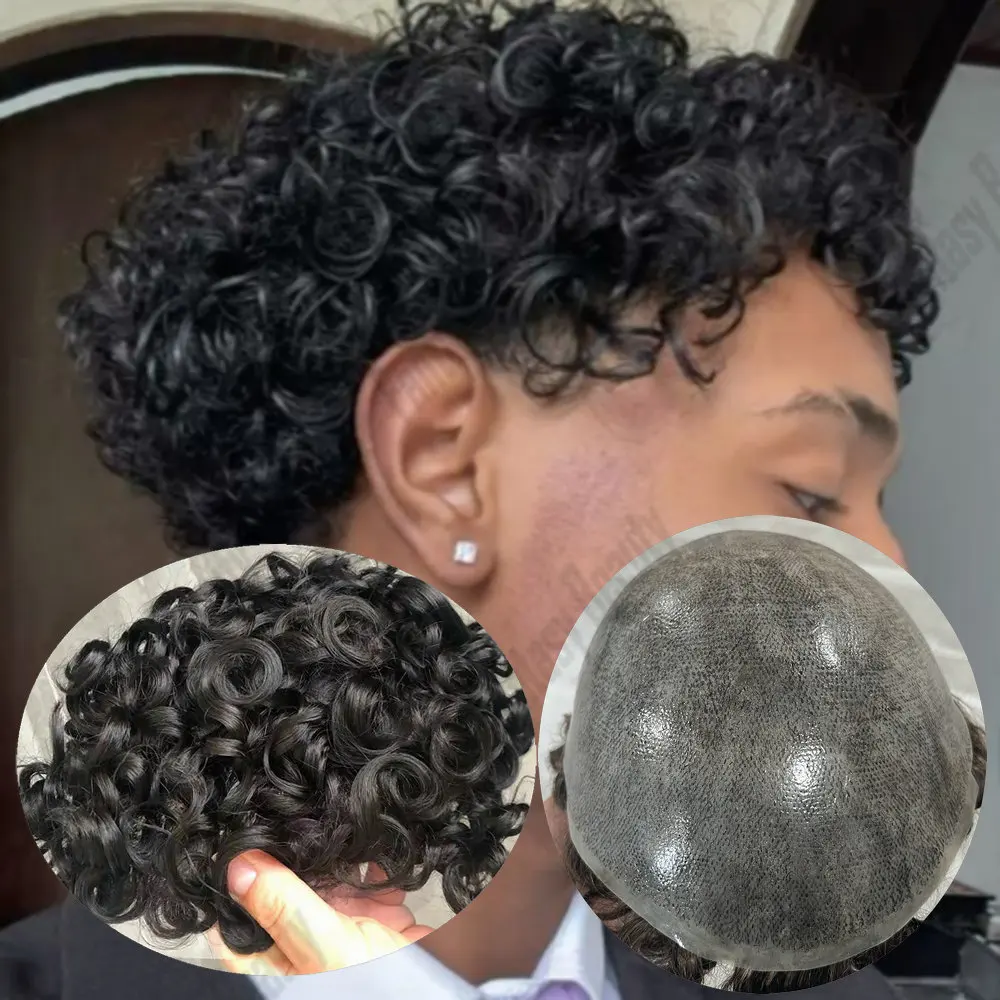 20mm Curly Men's Wigs Durable Full PU 0.1mm Thin Skin Capillary Prosthesis Indian Human Hair Men Toupee Curly Natural Hairpiece