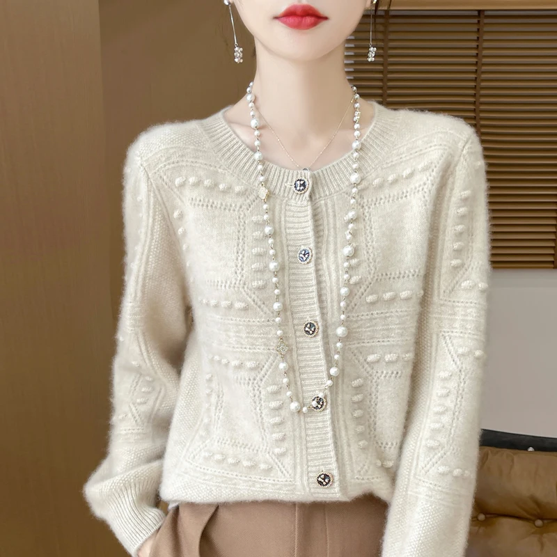 Women\'s Wool Sweater 2024 Autumn Winter Round Neck New Hollow Loose Knitted Cardigan Jacquard Jacket Korean Version Long Sleeved