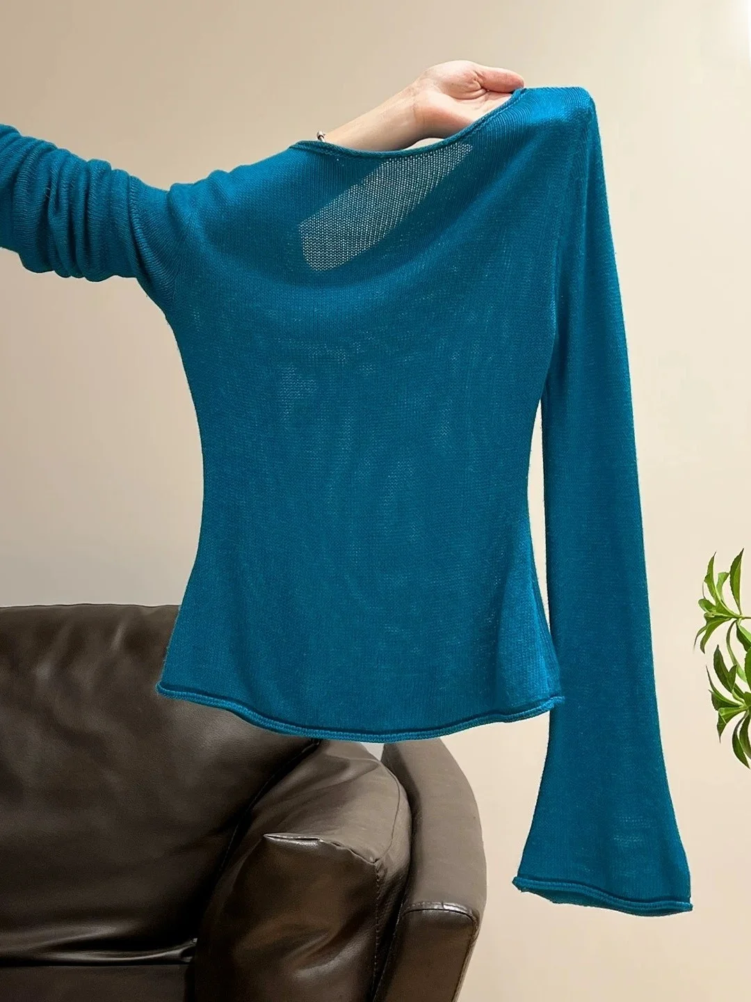 Loose Blue Knitted Top Women's Casual Fashion Autumn Long Sleeve Bell Sleeve T-Shirt plus Size Standard Fit Daily Wear