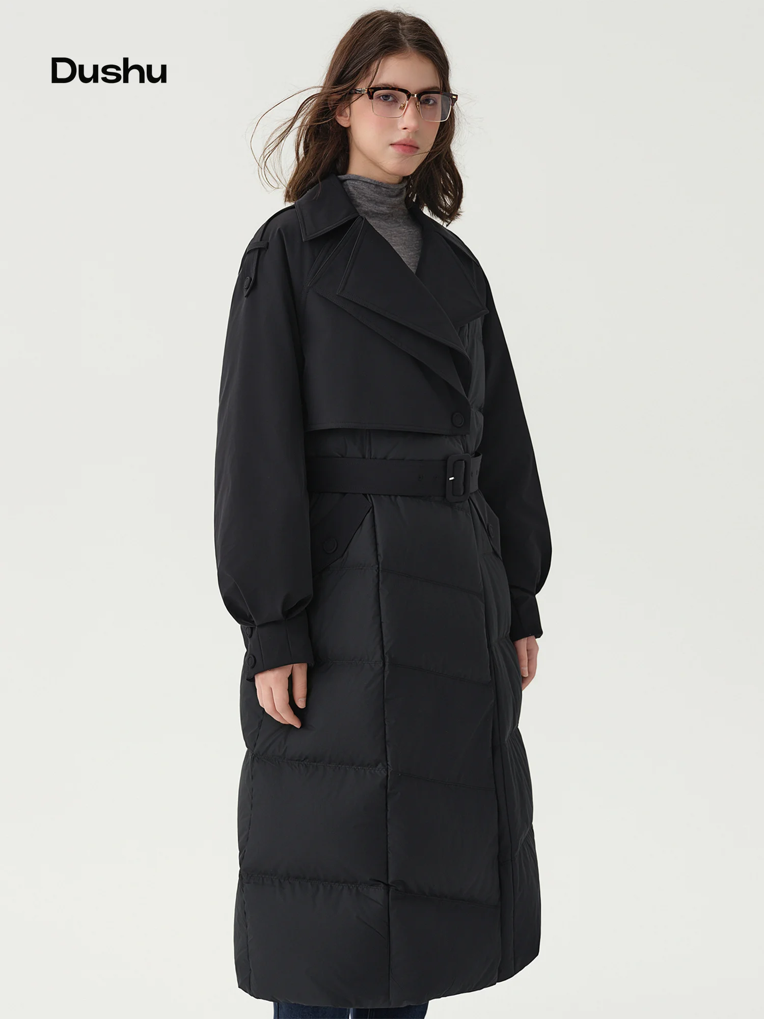 DUSHU Women Long Down Jacket Lapel Blazer Collar 90% White Duck Down Waist Slim Winter Coat Thick Warm Knee-Length Outerwear