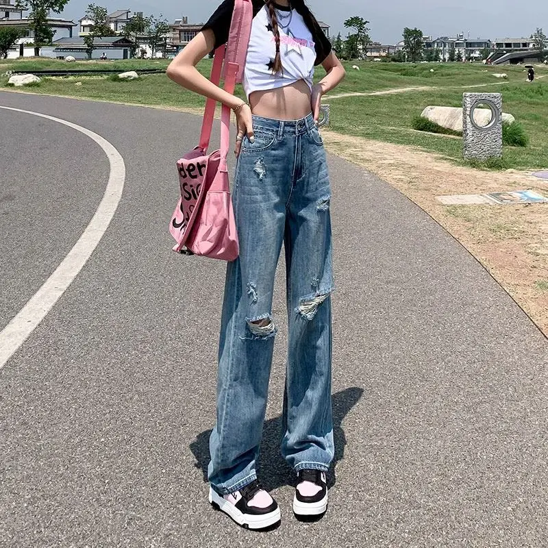 

Blue Women's Jeans Ripped High Waist Shot Wide Leg Female Cowboy Pants Streetwear South Korea Luxury Designer Cheap 90s Trousers