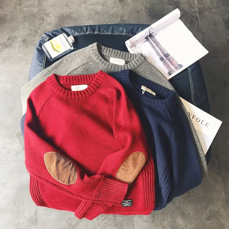 Men's Round Neck Patchwork Pullover Sweater Academic Color Block Thick Knit Top Korean Style Tops