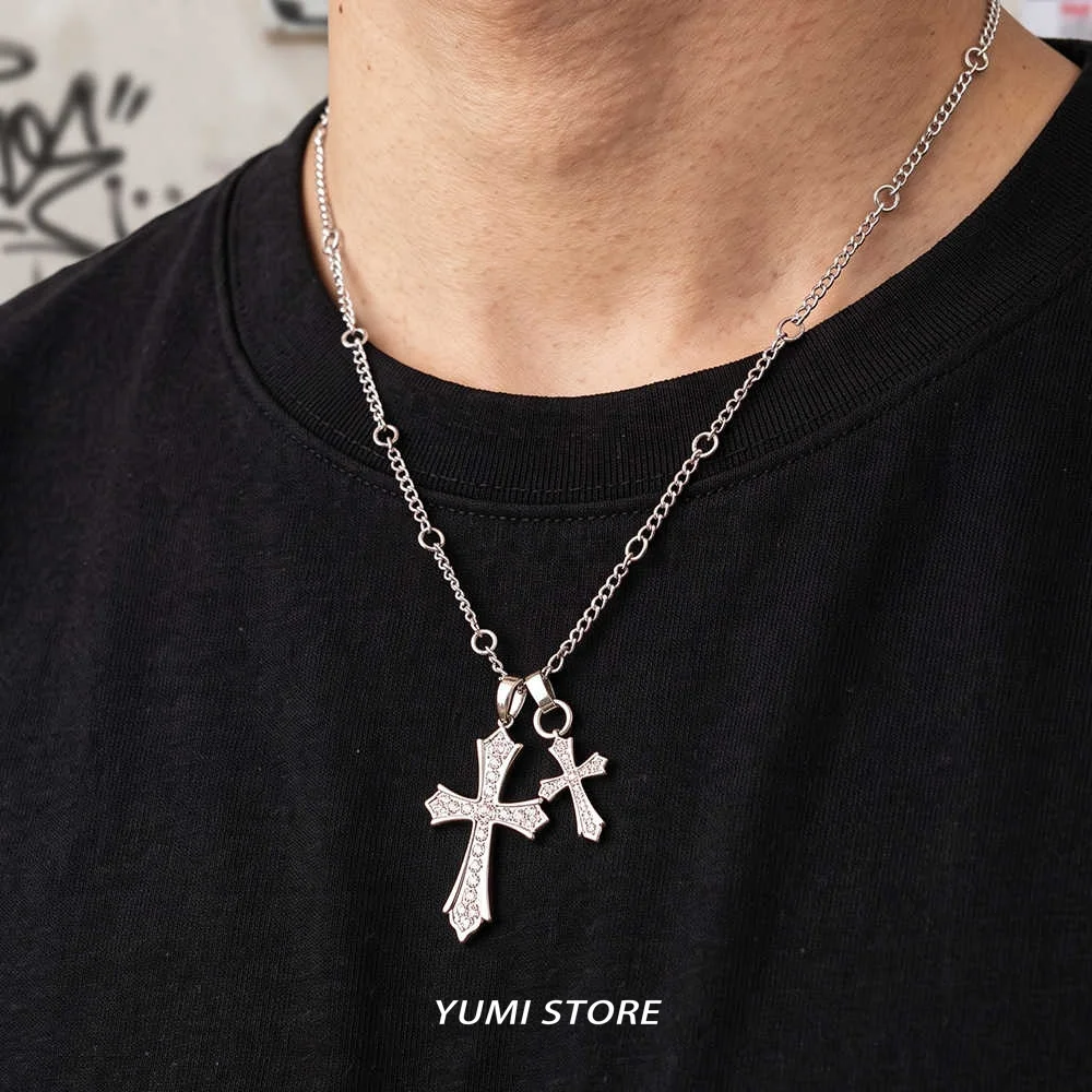 Hip Hop Double Zircon Cross Pendant Necklace For Man Woman Luxury Non Fading Titanium Clavicle Chain Couple Jewelry Lover's Gift