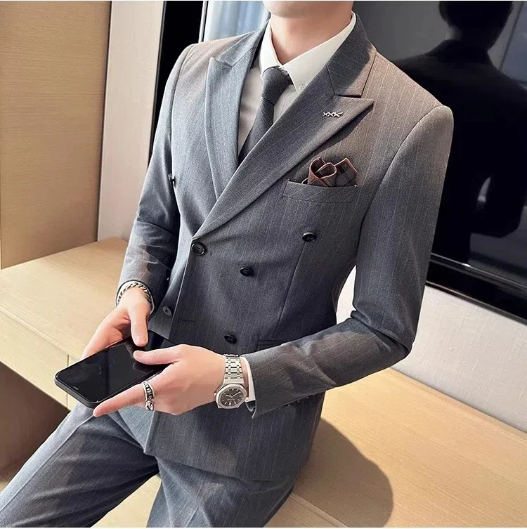 Traje de J-6125 a rayas para hombre, chaqueta ajustada de doble botonadura, elegante traje informal de negocios, vestido de novia de moda juvenil