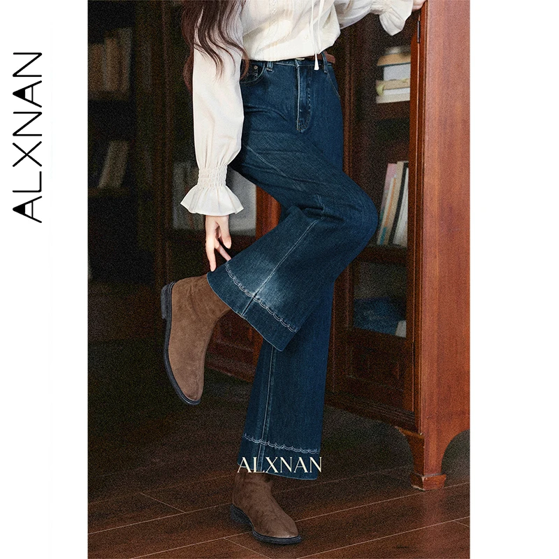 ALXNAN ヴィンテージブルージーンズストレートハイウエストワイドレッグコットンデニムジーンズ秋カジュアルオフィスレディだぶだぶパンツ女性 L57225