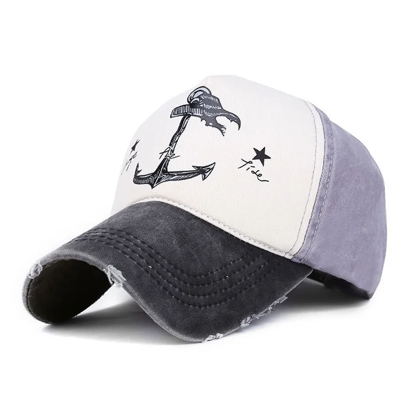 Distressed Anchor Print Baseball Cap Unisex Washed Vintage Cotton Sun Hat Curved Brim Casual Outdoor Spring Autumn Gift 3