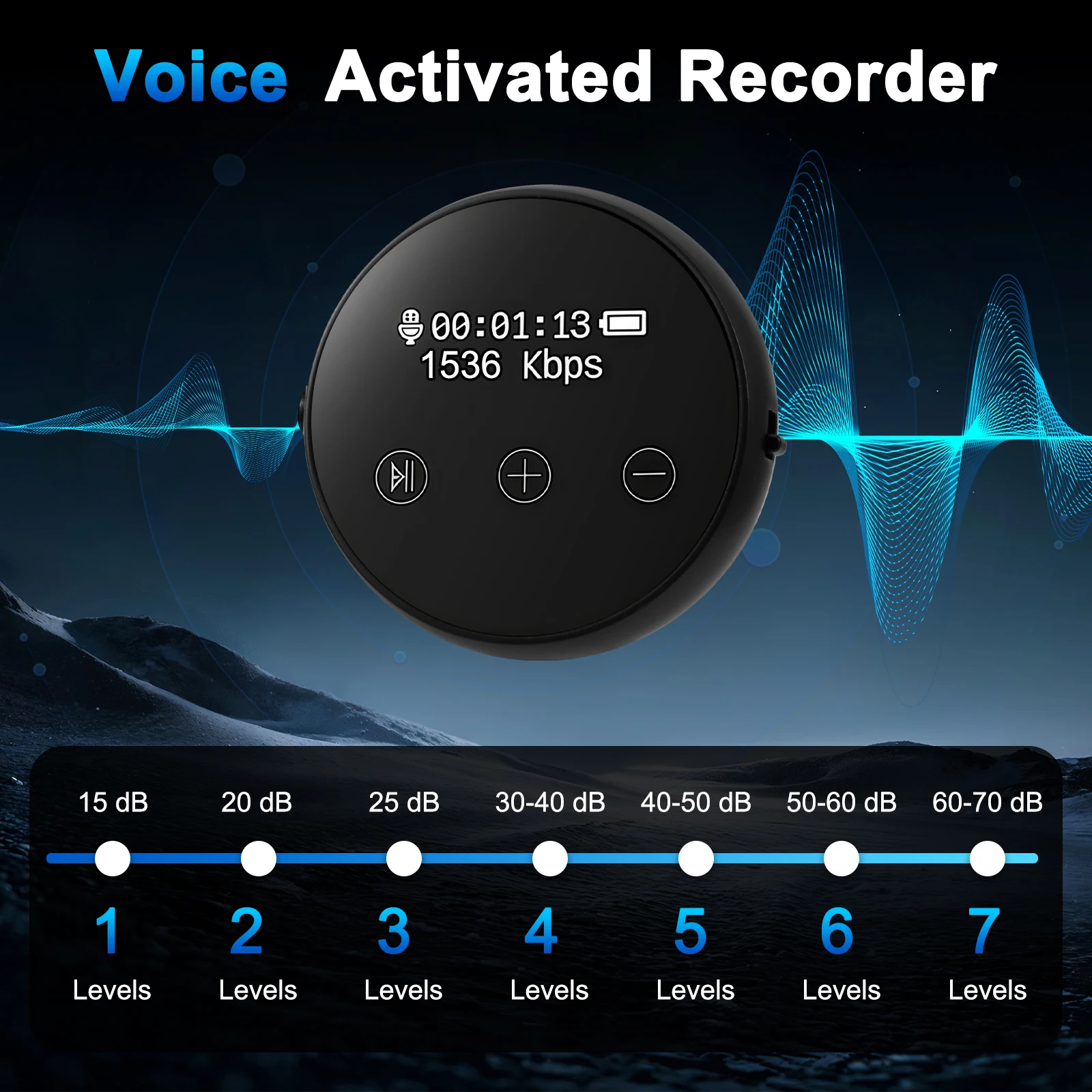 جهاز استماع مسجل الصوت الصغير 3072 Kbps مع مسجل صوتي ثلاثي للحد من الضوضاء 64G USB قابل لإعادة الشحن