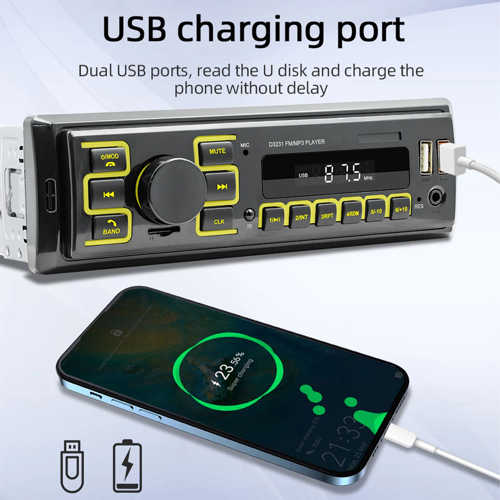 Podofo 1 Din مشغل MP3 للسيارة راديو رقمي TF USB AUX مدخل USB شحن سريع بدون استخدام اليدين مشغل موسيقى ستيريو للسيارة #6