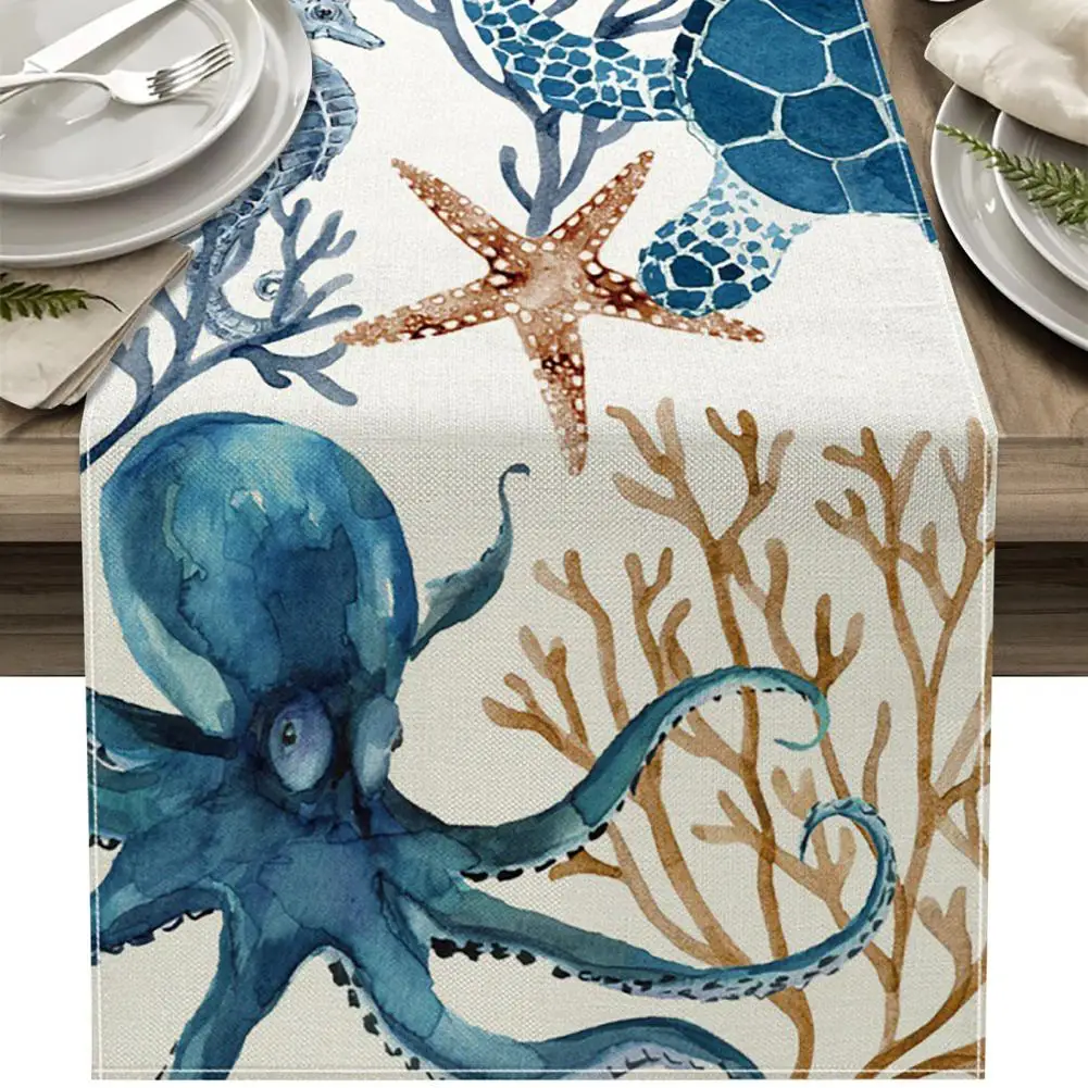 Coastal Table Runner Printed Marine Life Decor Stain-resistant Dining Tablecloth Summer Table Cover Party