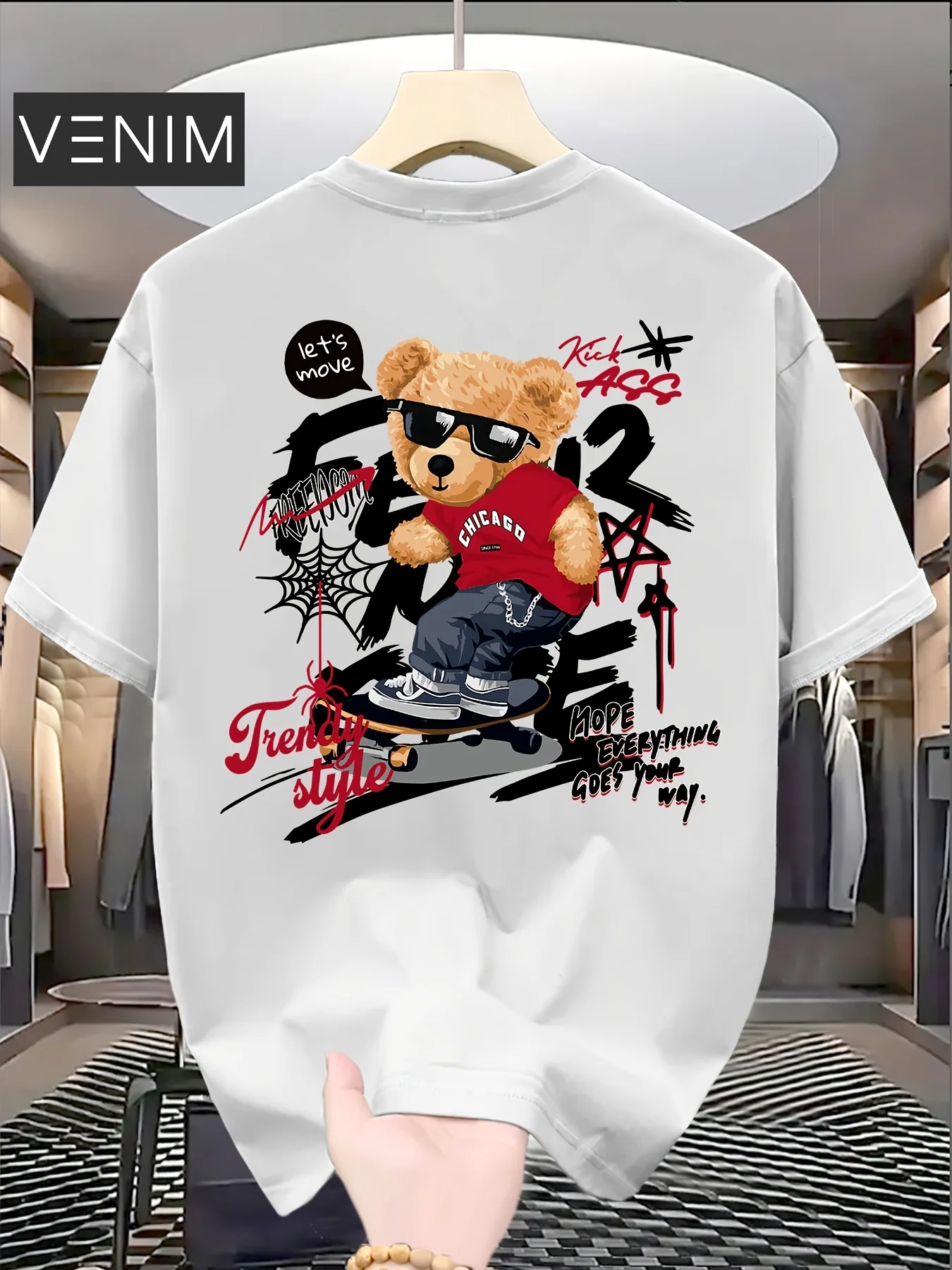 Men Women Top Street Fashion Cute Bear Print Trendy T-shirt Summer Daily Outdoor Sports Casual Loose Street Short-sleeve Clothes
