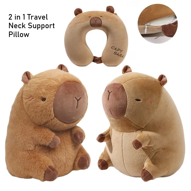 Portable Kawaii Capybara U-Shaped Plush Pillow 2 In 1 Travel Neck Support Pillow Cute Plush Throw Pillow Office Chair Cushions