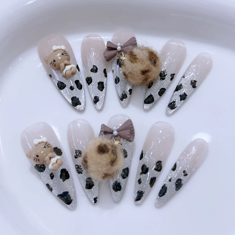 Handmade Stiletto Y2K Sanrio Detachable Nails Brown Skin Hello Kitty Coconut Palm Hawaii Strawberry Cat Eyes Press On Nail Art