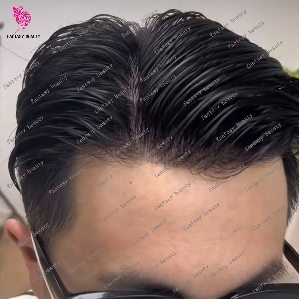 Garis rambut alami pria rambut palsu kulit mikro tipis coklat 1B65 1B80 abu-abu hitam rambut manusia Super tahan lama kulit penuh PU kapiler Prosthesi