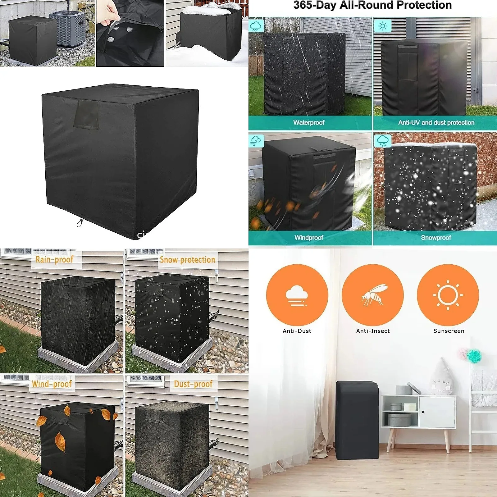 Square Outdoor Air Conditioner Cover, Vertical Central AC Unit Protective Cover Waterproof Dustproof Rain‑Proof