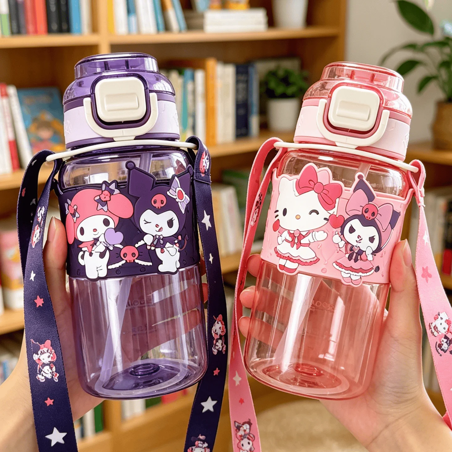 600ml Sanrio Cartoon Straw Water Bottle Strap Style High Beauty Large Capacity Portable Drinking Bottle for Travel Kuromi cup