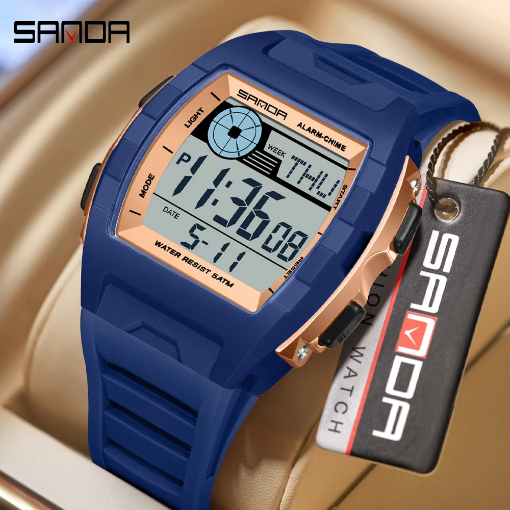 

Мужские спортивные часы SANDA класса люкс с LED-дисплеем, водонепроницаемые, многофункциональные, с бочкообразным циферблатом, хронограф, военные наручные часы для мужчин