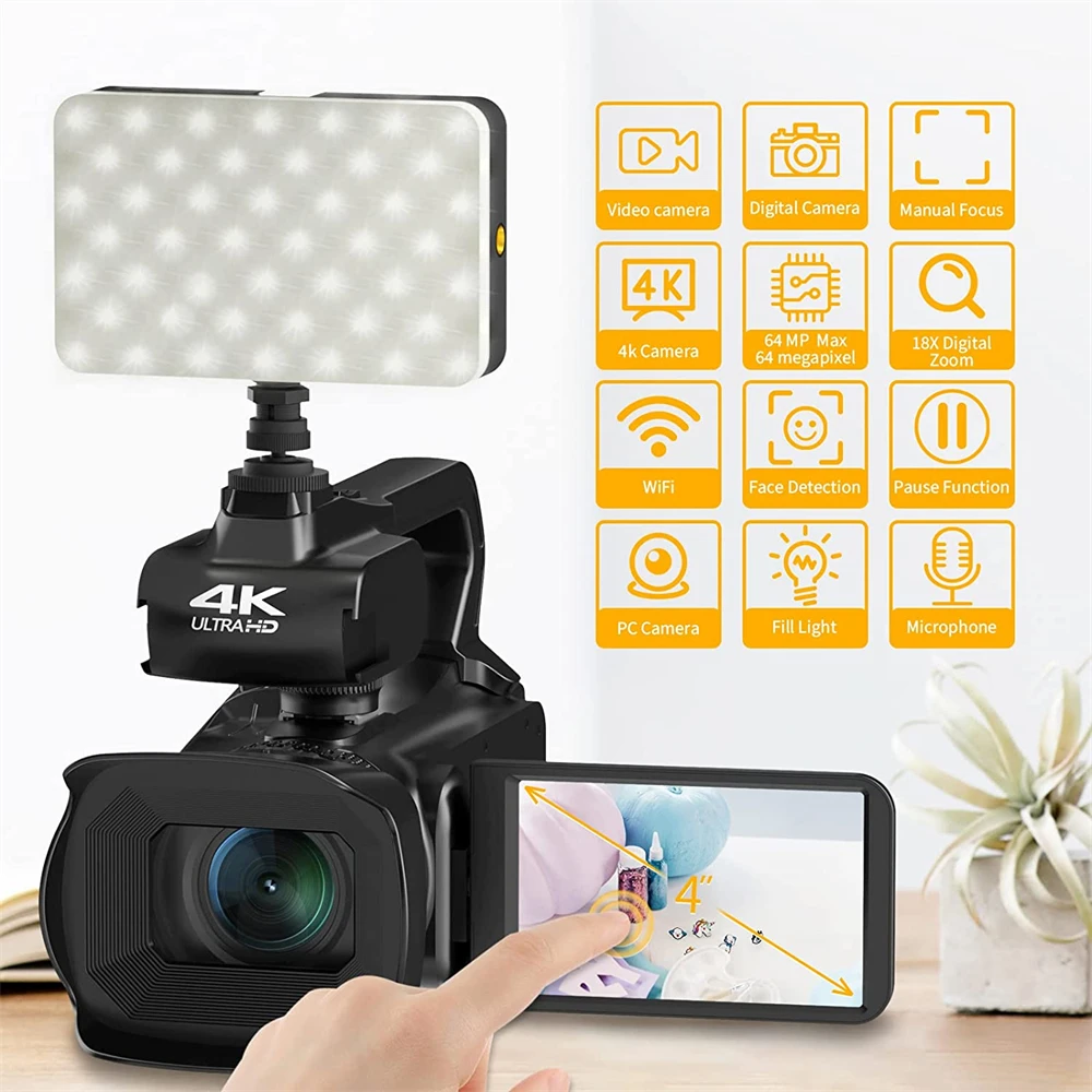 4K Youtube Vlog Camcorder 60FPS UHD Digital Video Camera For Live Stream Webcam Fill Light 4.0 Inch Rotate Touch Screen 18X Zoom