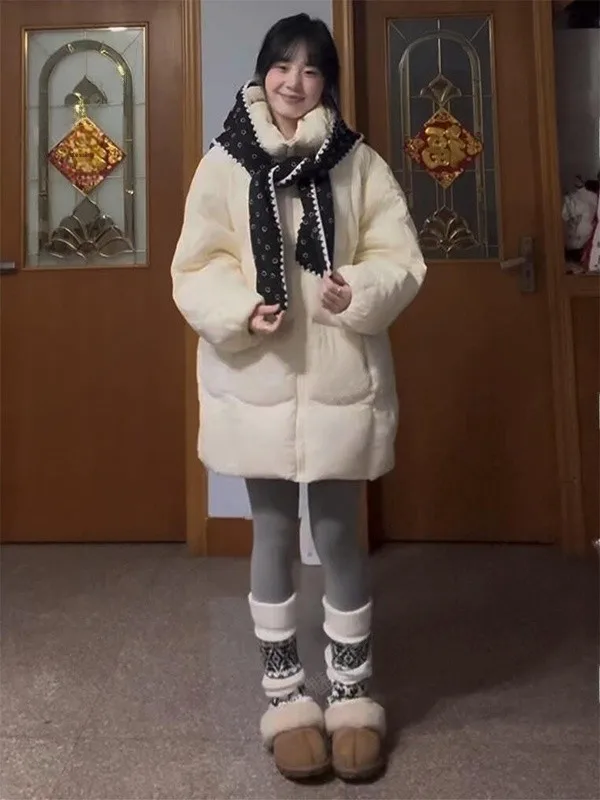 

Корейский стиль: женская утепленная длинная куртка-пуховик с мягким облачным узором, свободного кроя, зимняя верхняя одежда