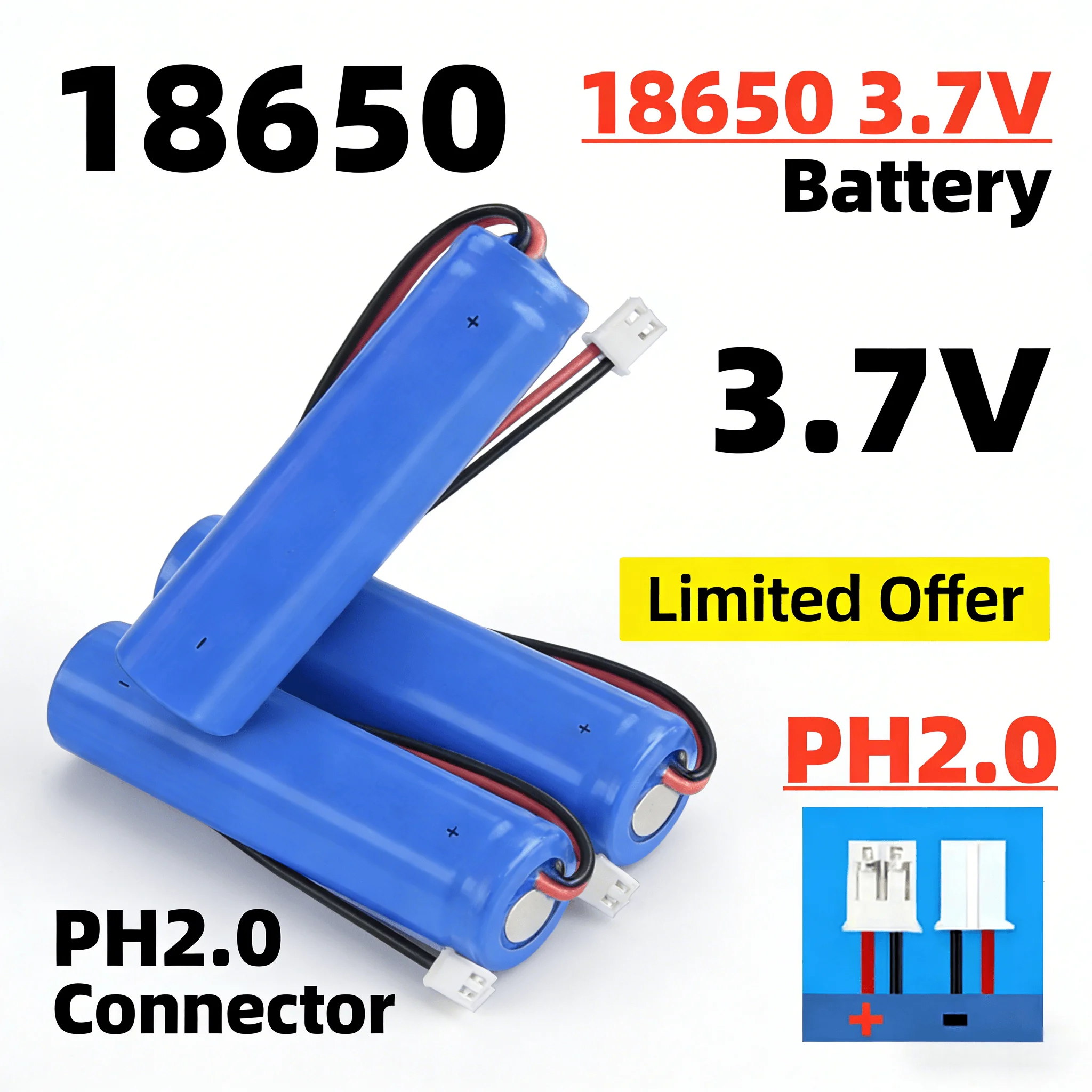 PH2.0 Plug 18650 3000mAh 3.7V Rechargeable Lithium Battery with PCB for Speaker Radio Headlight Toy