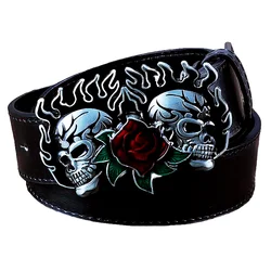 Ceinture Double Tête de Crâne avec Motif Flamme, Rose, Fleur, Style Rock, Livraison Directe