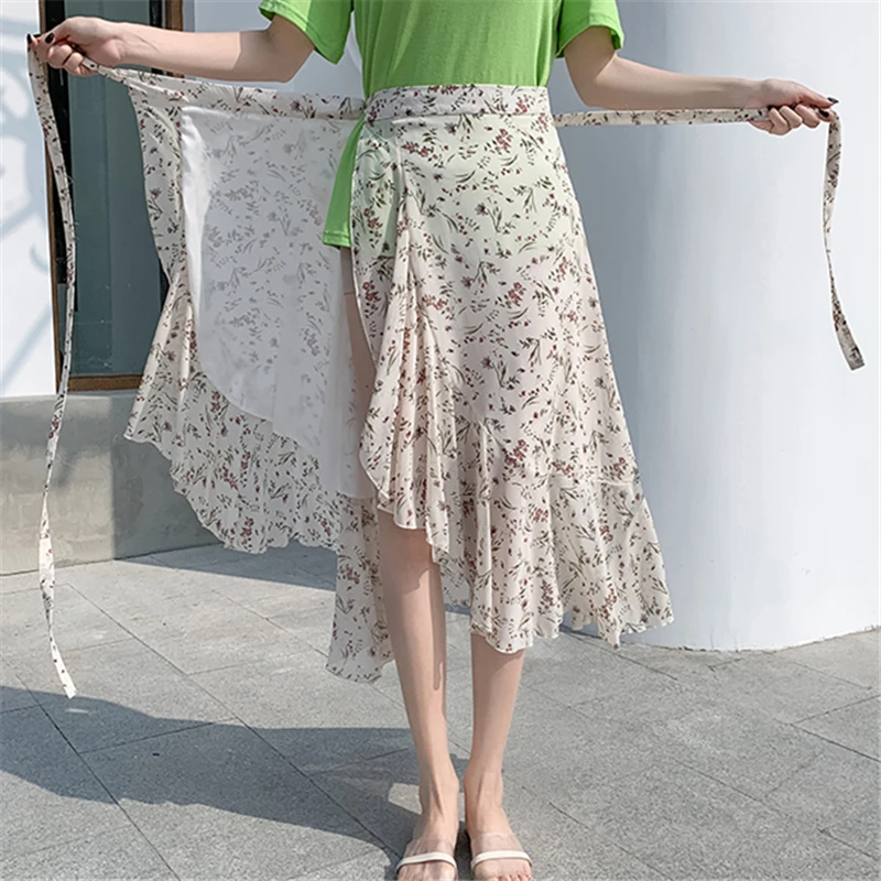 Einteilige binden Frauen Chiffon Blumen röcke hohe Taille elegante Chiffon gedruckt lässige Midi A-Linie Röcke weiblich 2024 neu