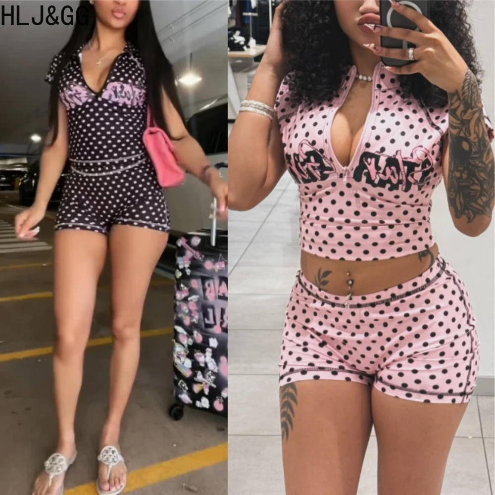 HLJ&GG Fashion Y2K Polka Dot Letter Print Two Piece Sets Women Zipper Slim Crop Top And Shorts Outfit Retro Lady 2pcs Streetwear
