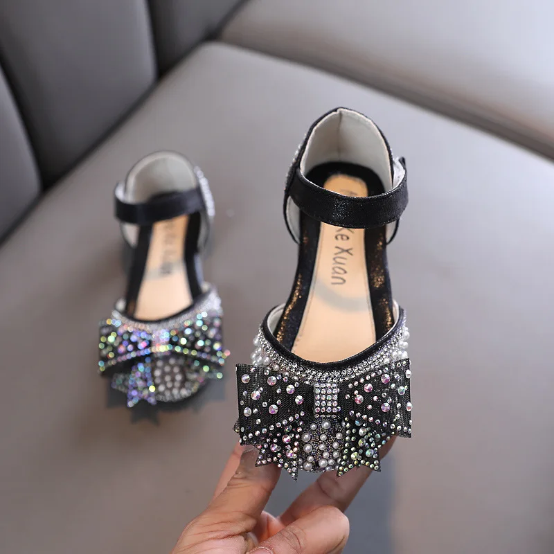 New Kid Fashion Princess Shoe Performance Wedding Girl Children Party Leather Shoe Girls Bow Tie Aqua Diamond Casual Single Shoe