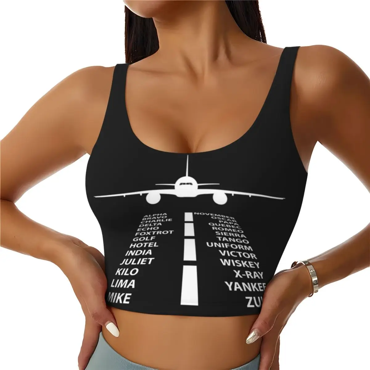 

Custom Phonetic Alphabet Pilot Airplane Funny Aviation Gift Women Sports Bras High Impact Vest Gym Workout Yoga Crop Tank Top
