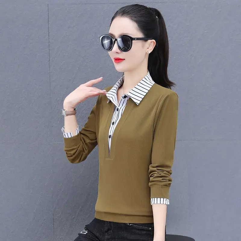 Street Casual Fake Two Pieces Patchwork T Shirts Women Clothing Polo Neck Striped Vintage Blouse Fashion Elegant Spring Autumn