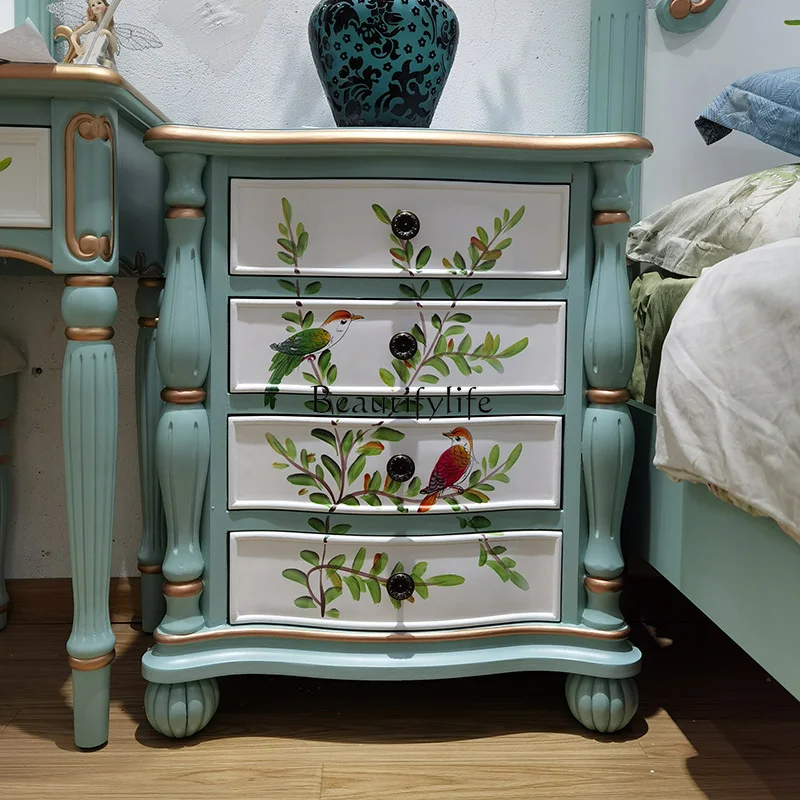 American Idyllic Painted Style Solid Wood Bedside Cabinet Four-Bucket Cabinet Side Table