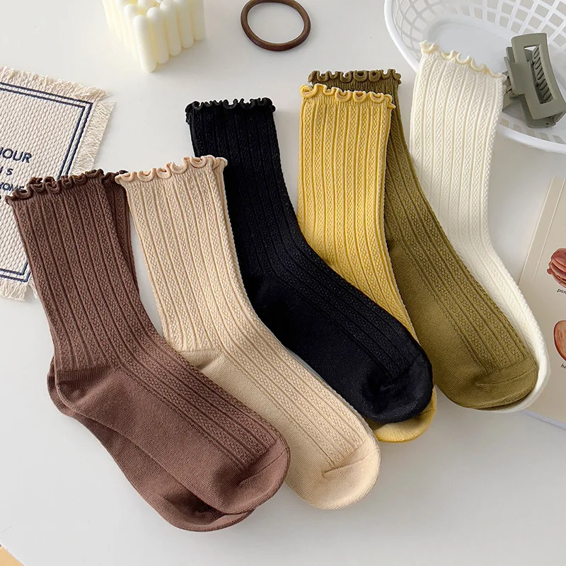 

1 Pairs/Lot Ruffled Mid Length Socks Women's Breathable Solid Color Set Spring and Autumn Comfort Sweat-absorbing Girls' Socks