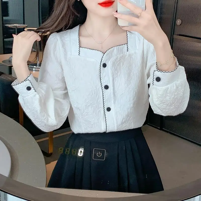 Women Korean Fashion Textured Sweet Button Up Shirt Elegant Chic Square Neck Blouse Female Long Sleeve Loose Tops Casual Blusas