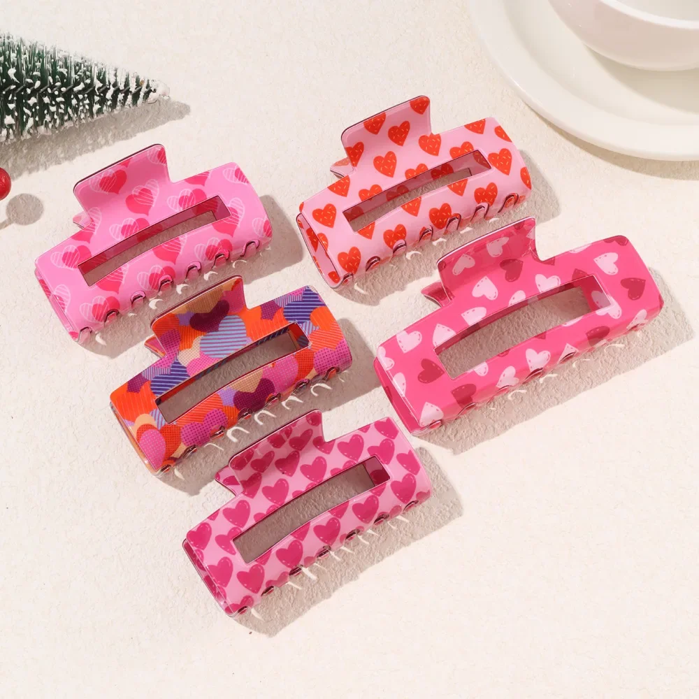 

New Large Love Heart Print Hairpins Hair Clip Crab Hair Claws for Women Girl Valentine's Day Hair Accessories Party Gifts