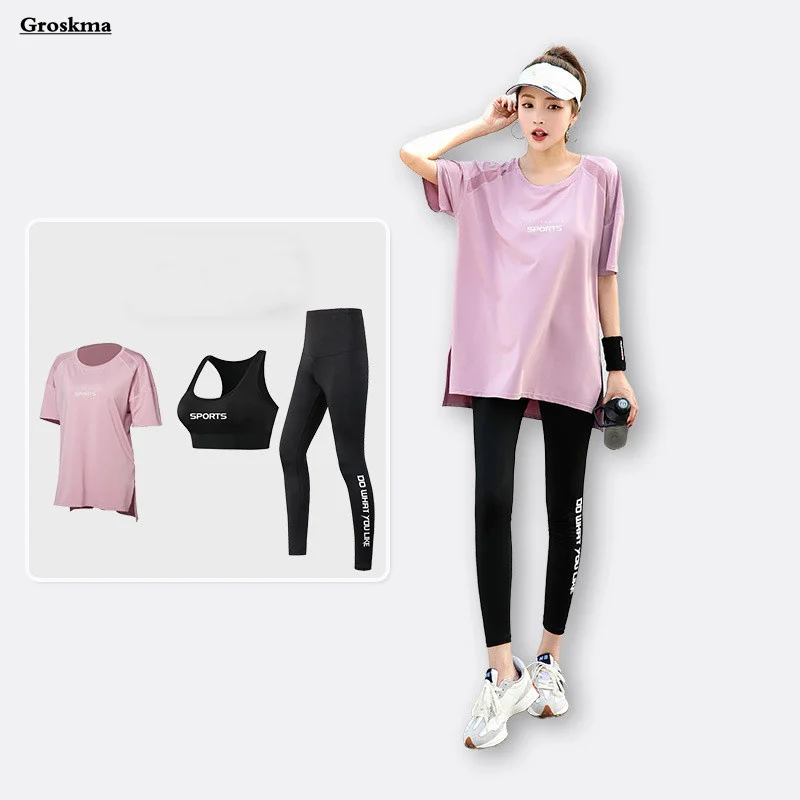 Loose Yoga 3 Pieces Sets Women Fitness Gym Mesh Oversize T-shirts Workout Running Sportswear Leggings  Breathable Sets