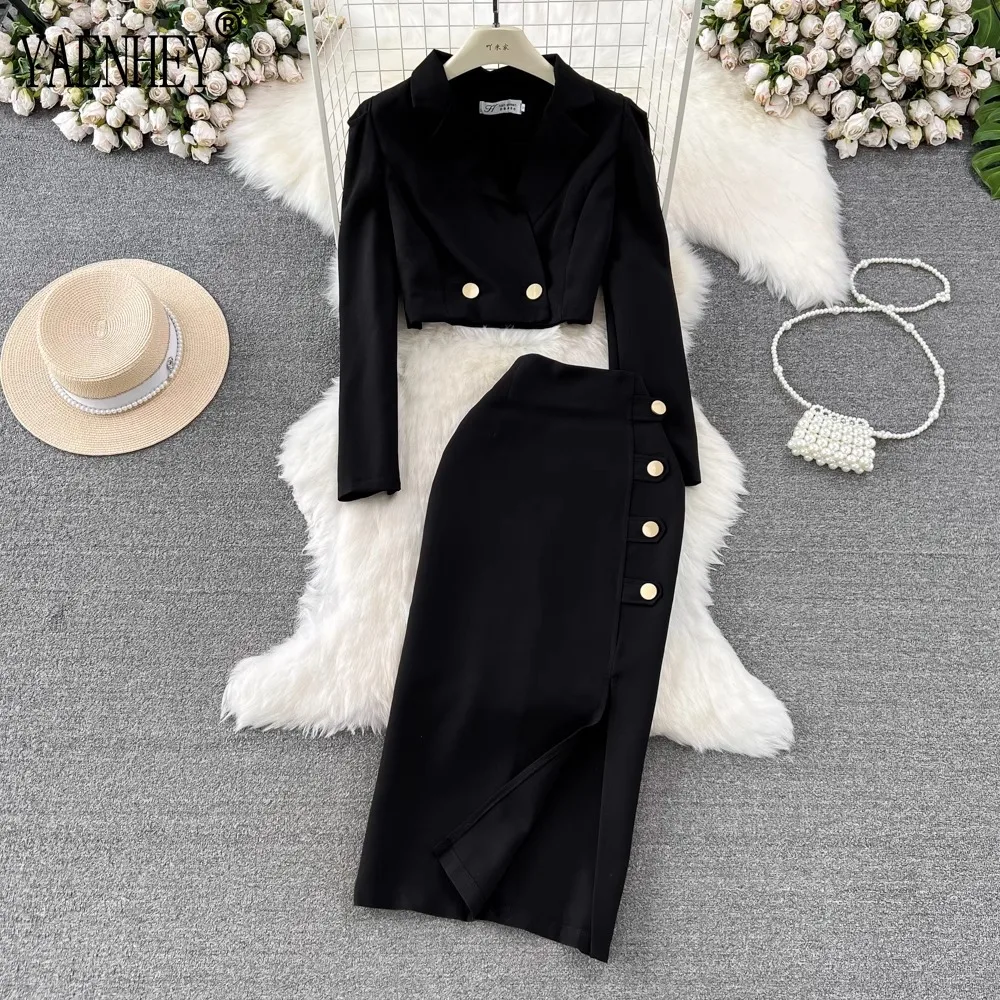 Sexy 2 Piece Outfit Short Set Women Korean Fashion Elegant Ladies Clothes Cropped Suit Blazer Coat High Waist Slit Skirt Autumn