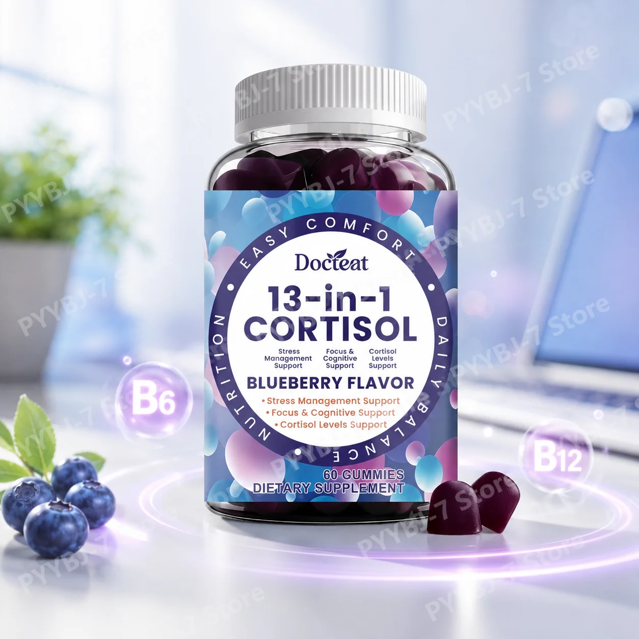 Docteat Blueberry Gummies Supplement Ashwagandha Lion’s Mane Magnesium L-Theanine Rhodiola Cortisol Support
