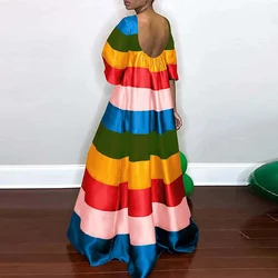 Luxury Rainbow Striped Women Evening Dress 2023 Sexy Elegant Loose Short Sleeve Maxi Dress Women Backless O-neck Bohe Dresses