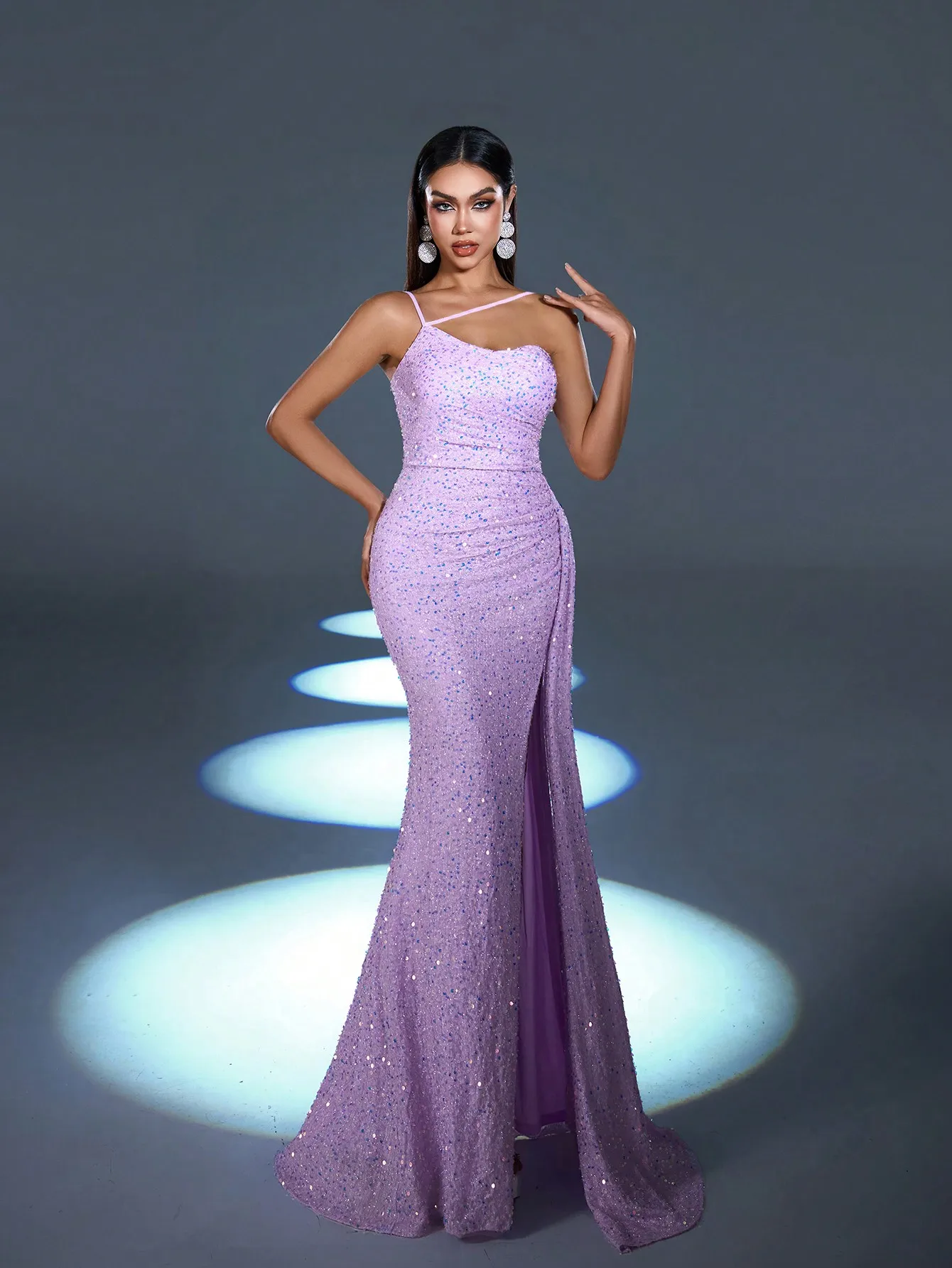 

Summer American Luxury Sexy Sequin Evening Gown Women's One-shoulder Strap Asymmetrical Design Mermaid Dress Fashion Ball Gown