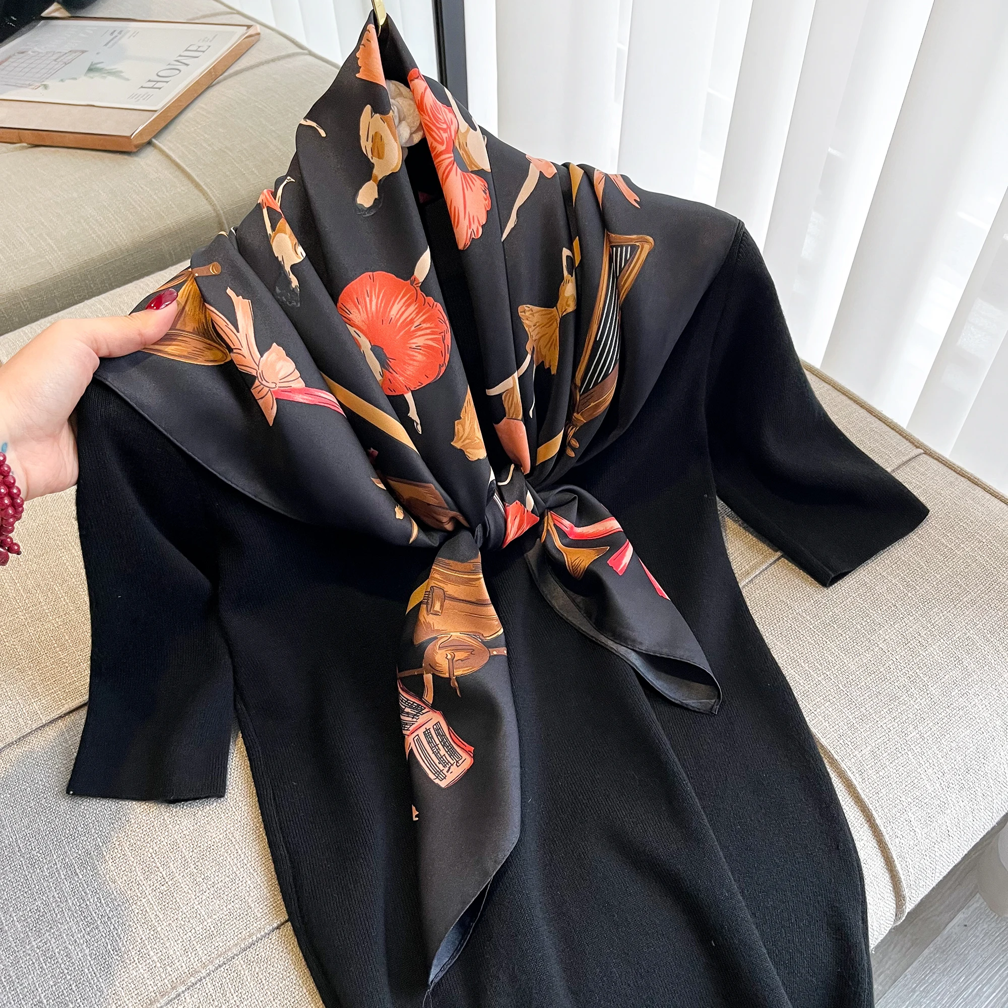 New 90cm Design Elephant Horse Twill  Silk Scarf Luxury Brand Square Scarves Women Hijab Scarf Foulard Neckerchief Bandana