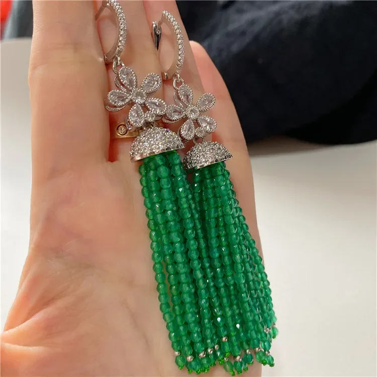 European American styles natural green faced jade micro inlay zircon accessories dangle earrings fashion jewelry