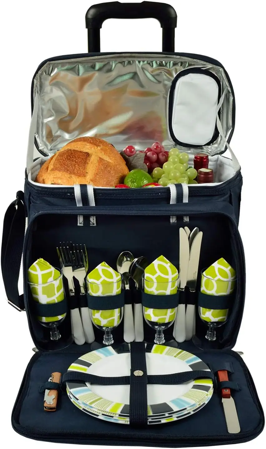 Wheeled Insulated Picnic Cooler with Service Set for 4, Designed and Assembled in the USA