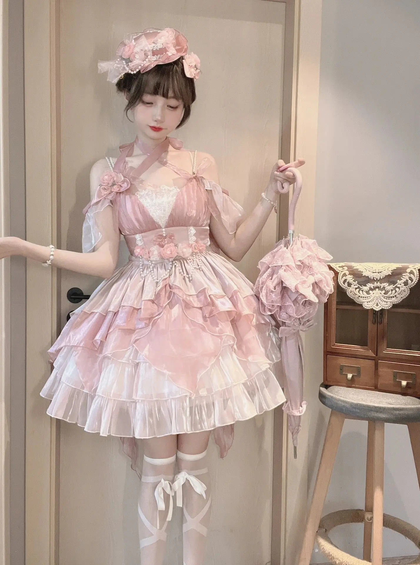 Pink Flower Wedding Lolita Dress Jsk Gorgeous Elegant Escape Princess Sweet Hurdleneck Birthday Party Dress For Young Girls