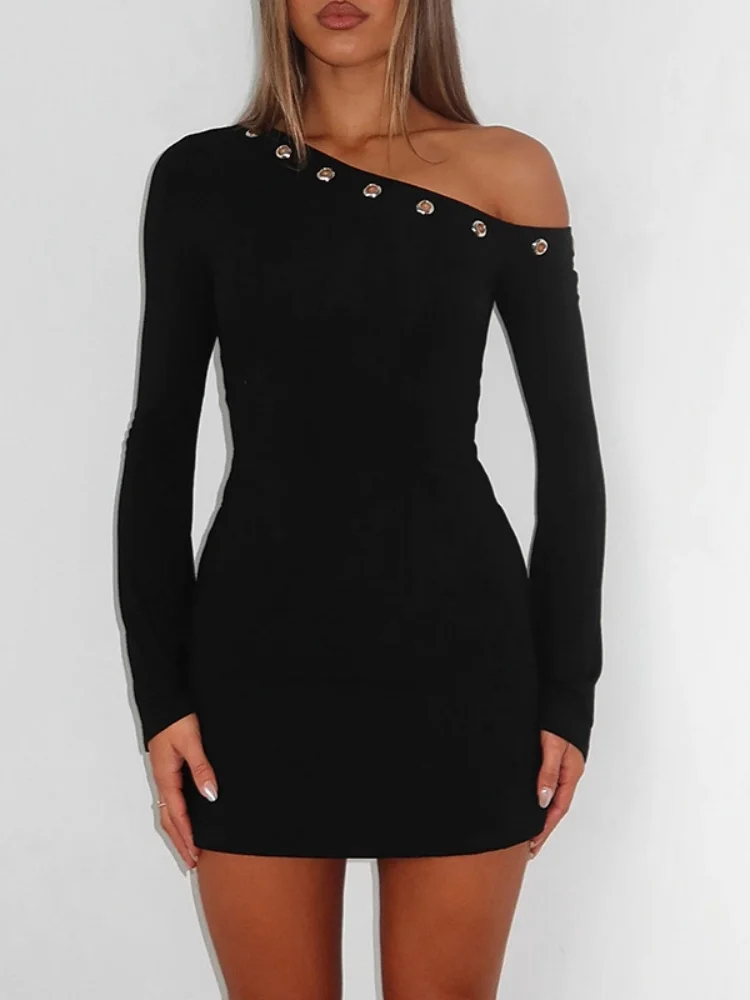 Inclined Collar Bodycon Dress For Women Hot Club Outfit Flare Sleeve One Piece Y2k Clothes Solid Black Vestidos De Mujer Ring