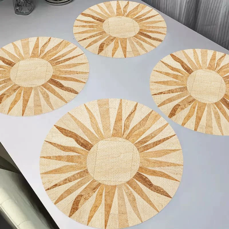 VIKAMA Retro Warm Yellow Sun Radiant Stone Pattern Round Linen Mattress Insulation Wear resistant Table Decoration