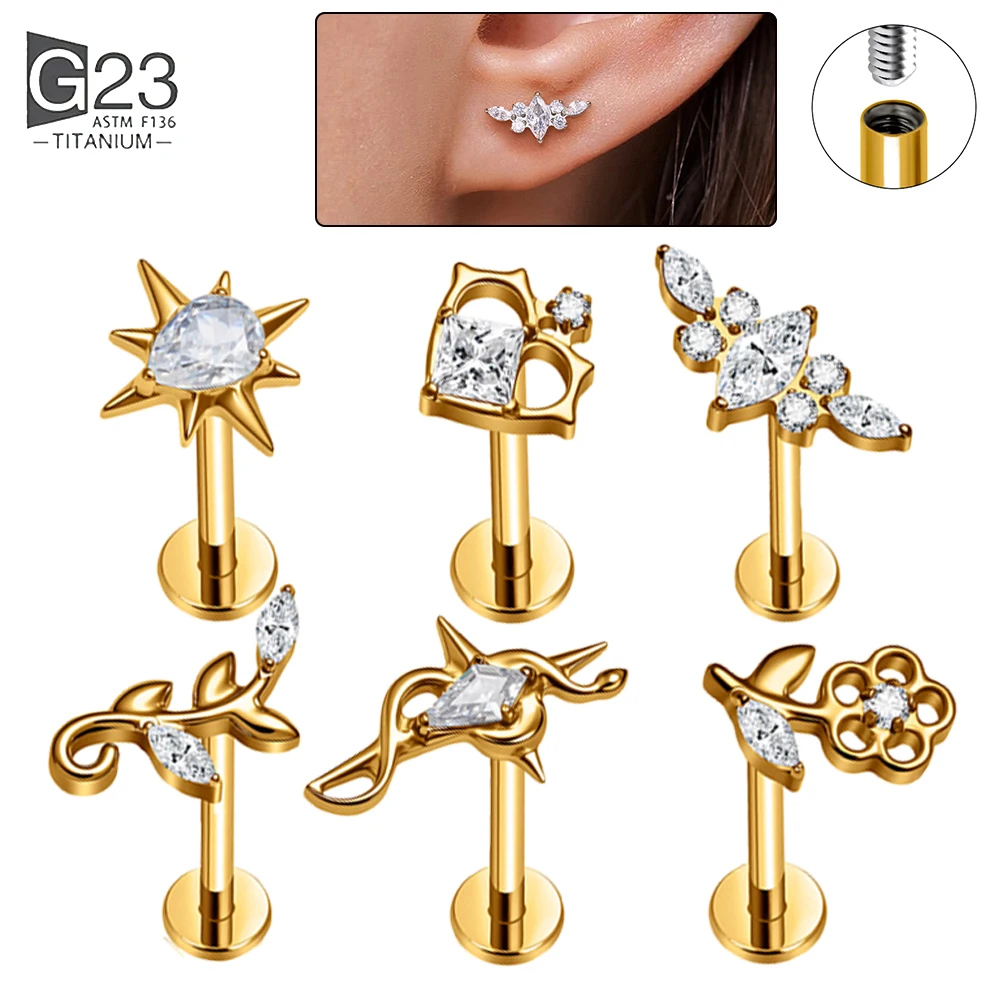 ASTM F136 G23 Titan Labret 16G Flatback 3 CZ Lippenpiercing Ohrring Innengewinde Tragus Knorpel Helix Design Körperschmuck
