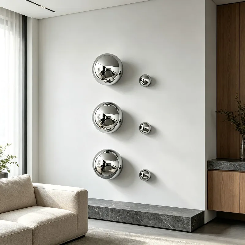 Metal Wall Art Stainless Steel Sphere Wall Decor 3D Mirror Abstract Ball Decor Modern Living Room Wall-mounted Room Ornaments