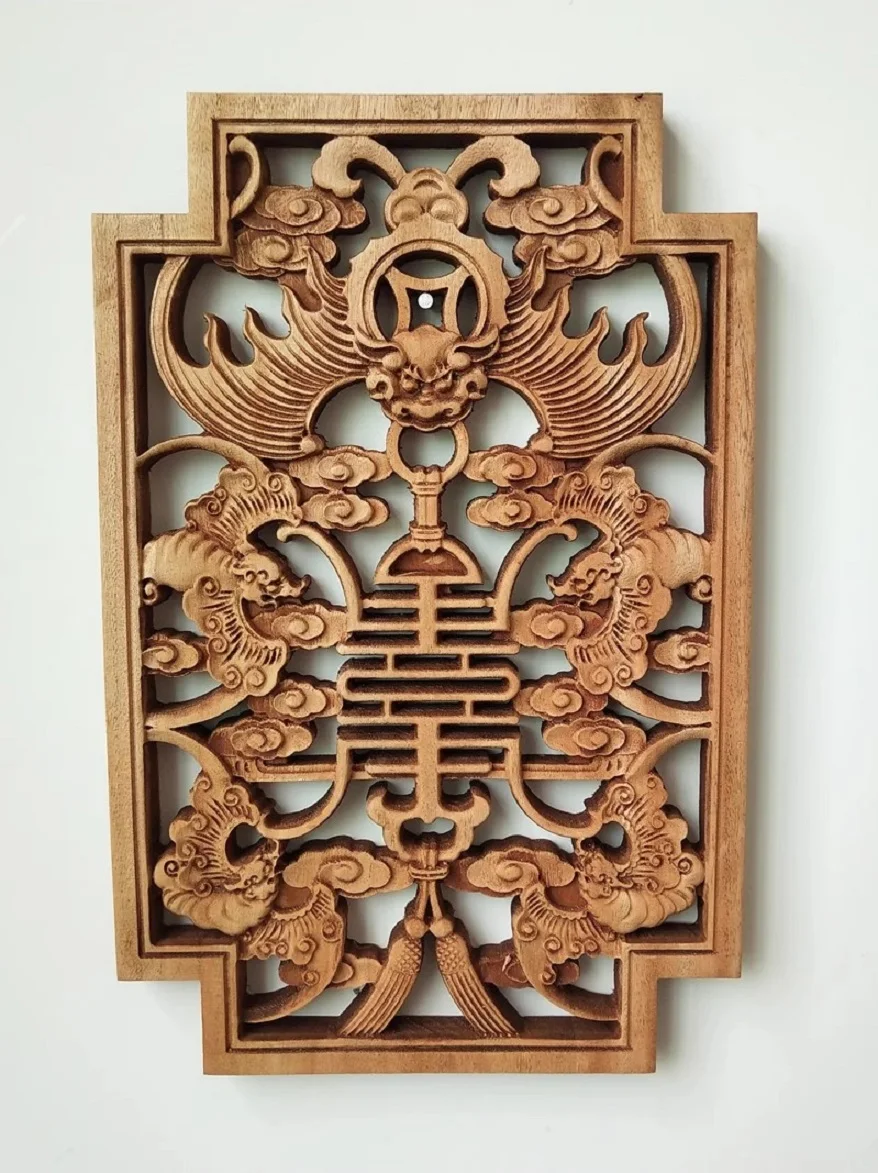 

Chinese Antique Rectangular Auspicious Character Camphor Wood Handicraft Partition Hollow Solid Wood