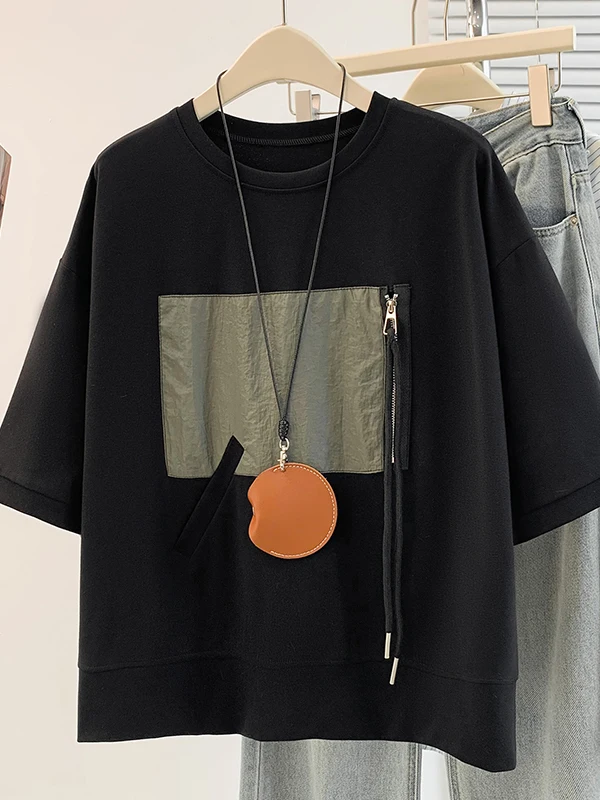 

Свободная повседневная женская футболка, летняя новинка в корейском стиле, стройнящая, больших размеров, без этикетки, универсальная, с круглым вырезом