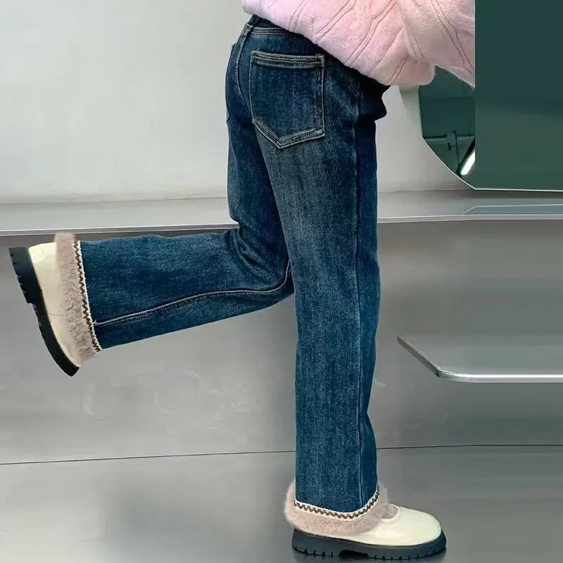 

Женские расклешенные джинсы для детей — эластичные облегающие джинсы на флисовой подкладке больших размеров с длинными брюками для девочек-подростков Брюки для детей